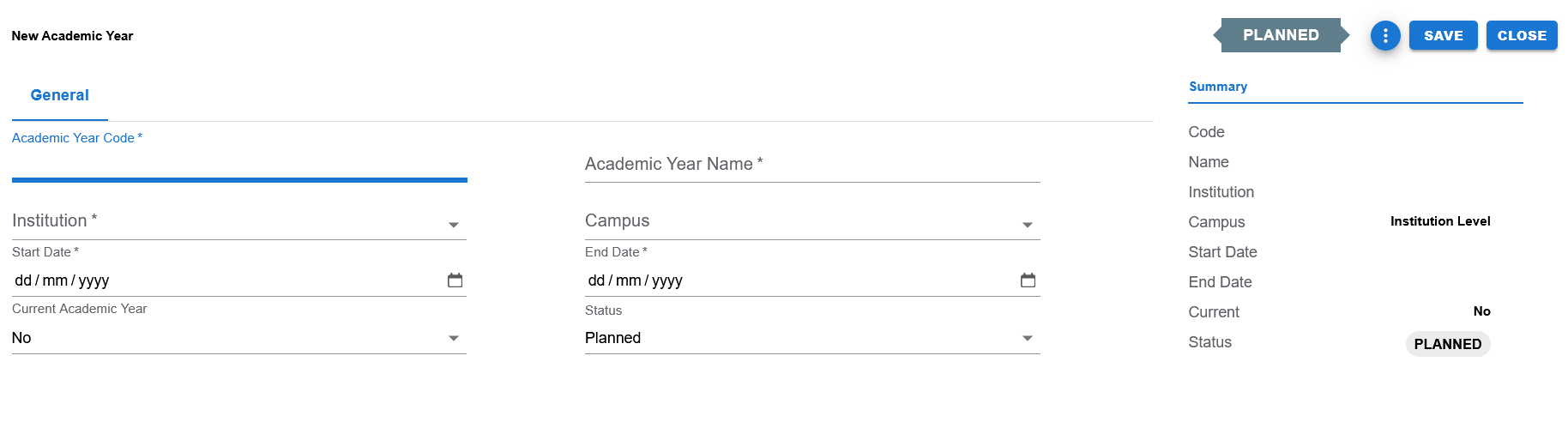 Academic Year create page