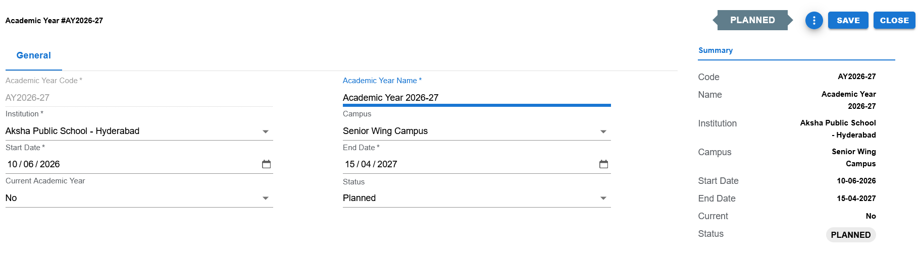 Academic Year edit page