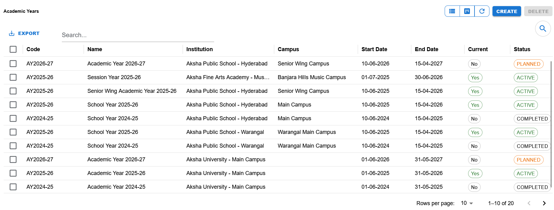 Academic Years list page