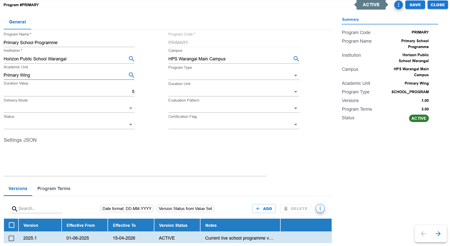 Program edit page with Versions tab