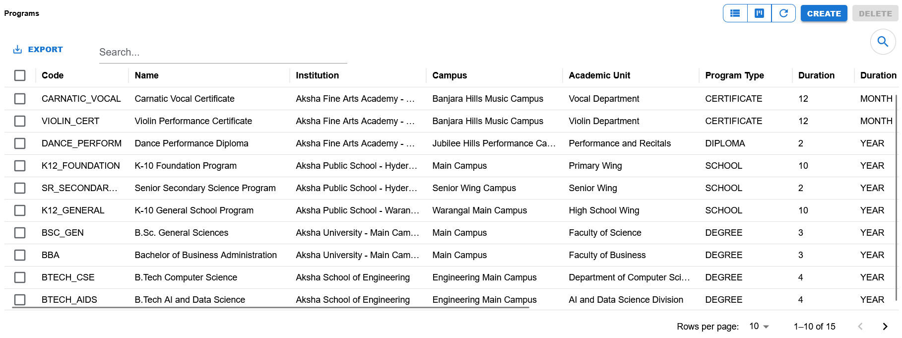 Programs list page