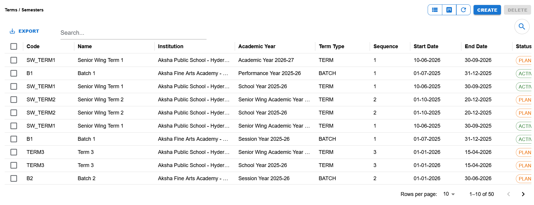 Terms / Semesters list page
