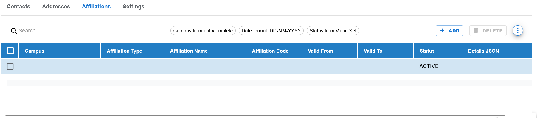 Campus affiliations tab