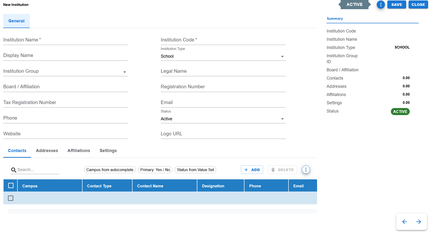 Institution create page