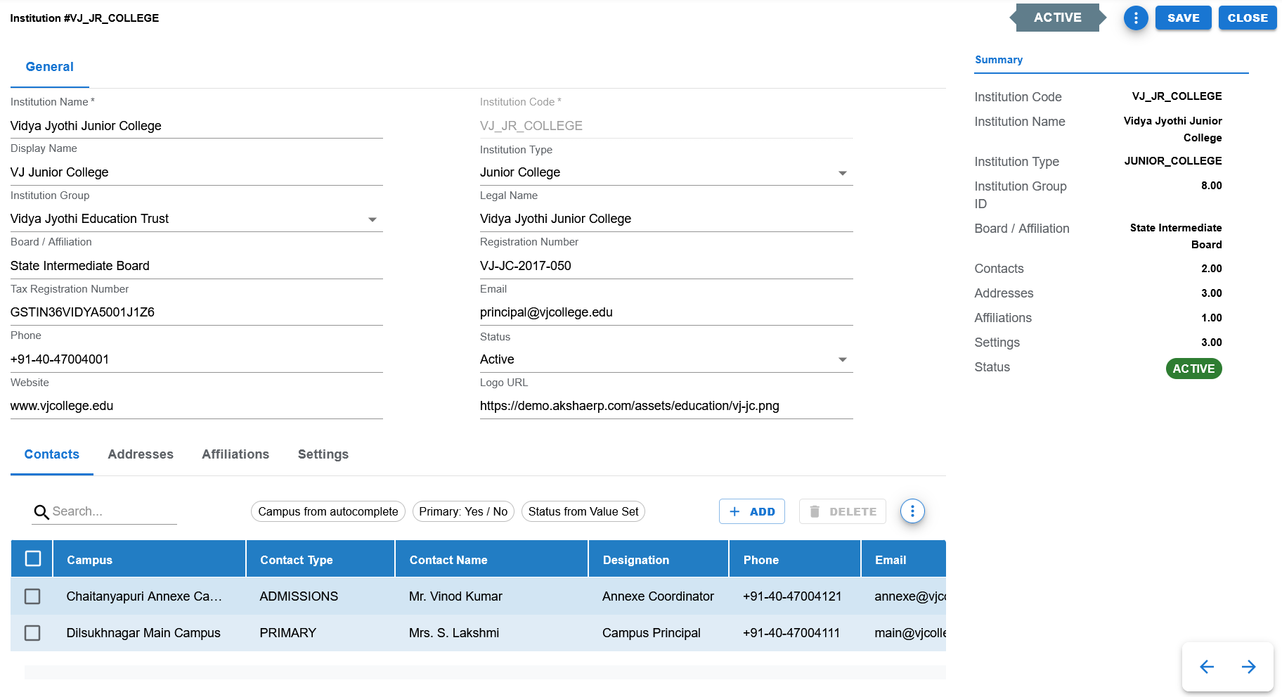 Institution filled edit page
