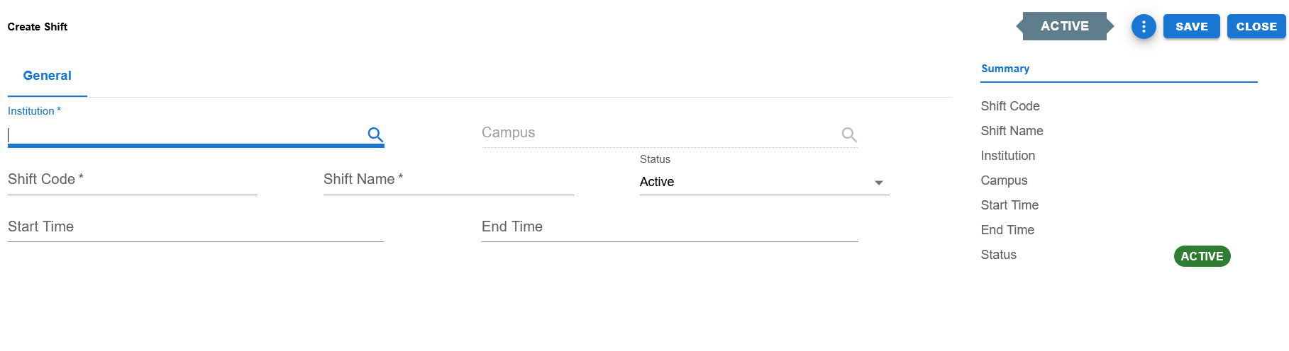 Create Shift page